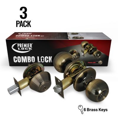 Grip Tight Tools Antique Brass Entry Lock Set Door Knob & Deadbolt with 18 KW1 Keys, 3 pk., Keyed Alike