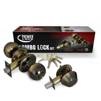 Grip Tight Tools Antique Brass Entry Door Knob Combo Lock Set with Deadbolt and 6 KW1 Keys, Boxed Keyed Alike