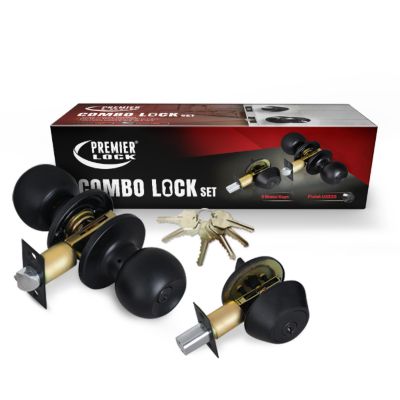 Grip Tight Tools Black Entry Door Knob Combo Lock Set with Deadbolt and 6 KW1 Keys, Boxed Keyed Alike