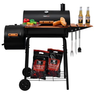 Royal Gourmet Barrel Charcoal Grill with Offset Smoker, 552 sq. in. Cooking Area With Wooden Front and Side Shelf With Hooks