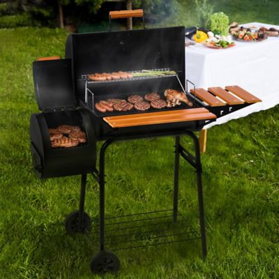 Image showing  Barrel Charcoal Grill with Offset Smoker, 552 sq. in. Cooking Area With Wooden Front and Side Shelf With Hooks