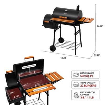 Image showing  Barrel Charcoal Grill with Offset Smoker, 552 sq. in. Cooking Area With Wooden Front and Side Shelf With Hooks