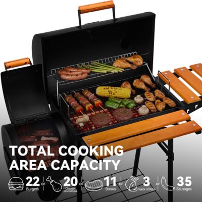 Image showing  Barrel Charcoal Grill with Offset Smoker, 552 sq. in. Cooking Area With Wooden Front and Side Shelf With Hooks