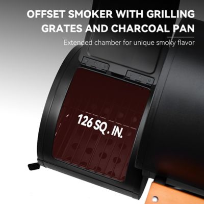 Image showing  Barrel Charcoal Grill with Offset Smoker, 552 sq. in. Cooking Area With Wooden Front and Side Shelf With Hooks