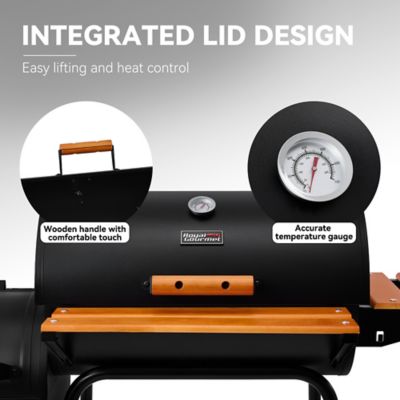 Image showing 9 th Royal Gourmet Barrel Charcoal Grill with Offset Smoker, 552 sq. in. Cooking Area With Wooden Front and Side Shelf With Hooks