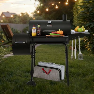 Image showing  552 Sq. In. Cooking Area Barrel Charcoal Grill with Offset Smoker, or Outdoor Grilling and Backyard Cooking, Black