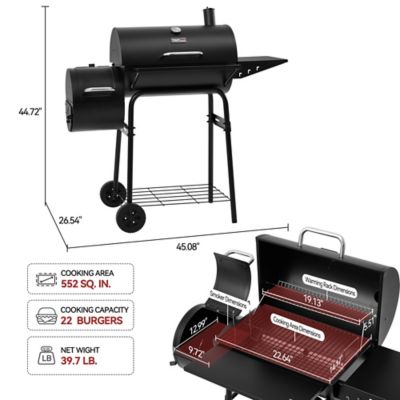 Image showing  552 Sq. In. Cooking Area Barrel Charcoal Grill with Offset Smoker, or Outdoor Grilling and Backyard Cooking, Black