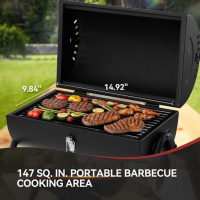Image showing  147 sq. in. Portable Charcoal Grill, Wooden Handle for Outdoor Barbecue, Black