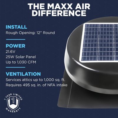 Image showing 8 th Maxx Air Solar Powered Roof Mount Fan with Integrated 25W Solar Panel, 1030 CFM
