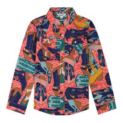 Wrangler Girls' Long Sleeve Western Print Snap Shirt