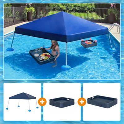 Sunjoy Pool Gazebo with 36 x 24 in. and 24 x 24 in. Wicker Floating Pool Tray, Navy