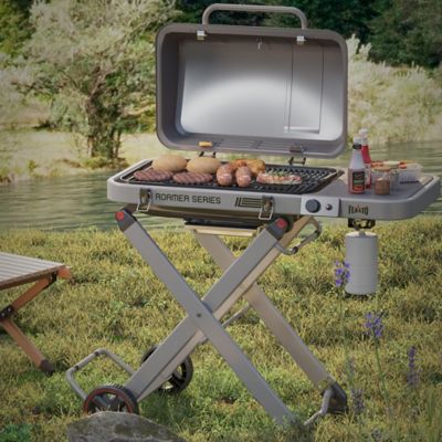 Image showing  Roamer Series Portable Propane Grill with Folding Cart, 13000 BTU, 360 sq. in. Cast Iron Grates & Side Table, Gray