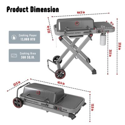 Image showing  Roamer Series Portable Propane Grill with Folding Cart, 13000 BTU, 360 sq. in. Cast Iron Grates & Side Table, Gray