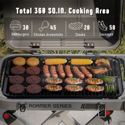 Image showing 5 th Feasto Roamer Series Portable Propane Grill with Folding Cart, 13000 BTU, 360 sq. in. Cast Iron Grates & Side Table, Gray