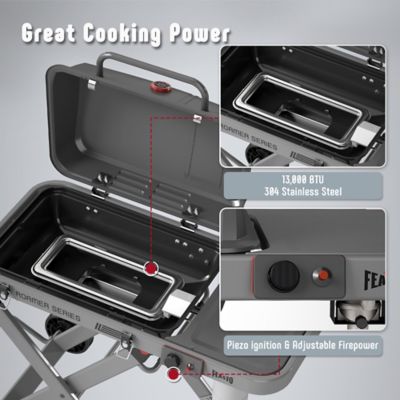 Image showing 6 th Feasto Roamer Series Portable Propane Grill with Folding Cart, 13000 BTU, 360 sq. in. Cast Iron Grates & Side Table, Gray