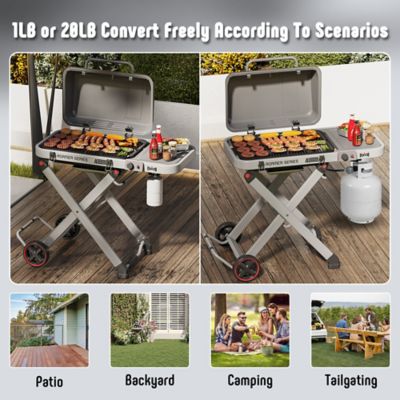 Image showing 7 th Feasto Roamer Series Portable Propane Grill with Folding Cart, 13000 BTU, 360 sq. in. Cast Iron Grates & Side Table, Gray