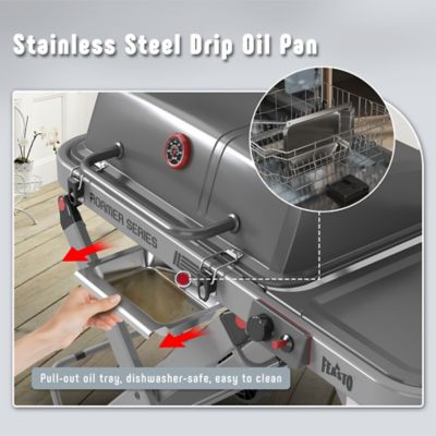 Image showing 8 th Feasto Roamer Series Portable Propane Grill with Folding Cart, 13000 BTU, 360 sq. in. Cast Iron Grates & Side Table, Gray