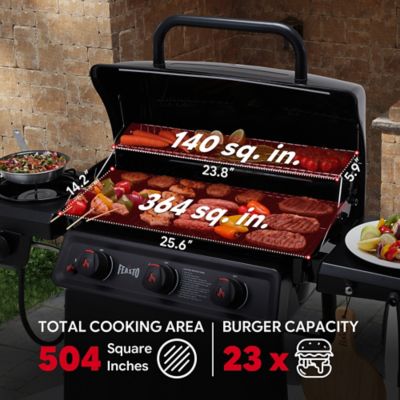 Image showing  38,000 BTU Propane Gas Grill with Side Burner, 504 sq. in. Cooking Space, 3-Burner Porcelain-Enamel Outdoor Grill