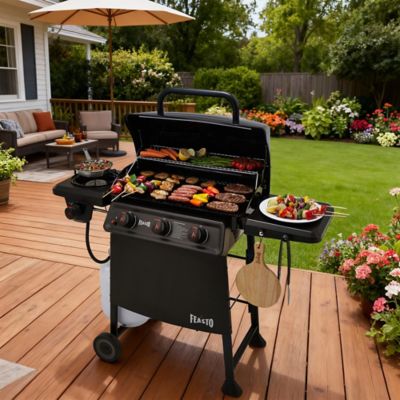Image showing 8 th Feasto 38,000 BTU Propane Gas Grill with Side Burner, 504 sq. in. Cooking Space, 3-Burner Porcelain-Enamel Outdoor Grill