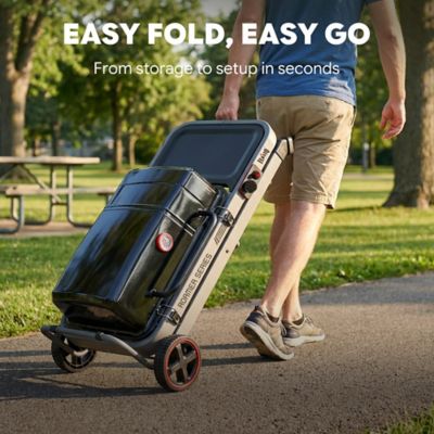 Image showing  Roamer Series Portable Propane Grill with Folding Cart, 13000 BTU, 360 sq. in. Cast Iron Grates & Side Table, Black