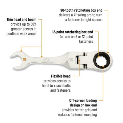Image showing  10mm 90T 12 Point Stubby Flex Combination Ratcheting Wrench