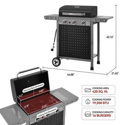 Image showing  3-Burner Gas Grill with Pegboard, 420 sq. in. Cooking Area, 19,500 BTU, Piezo Ignition