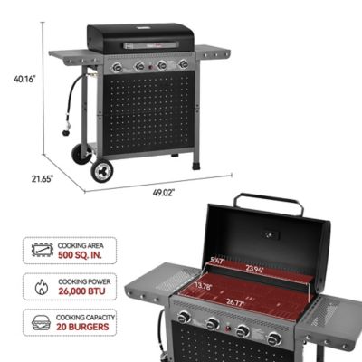Image showing  4-Burner Gas Grill with Pegboard, 500 sq. in. Cooking Area, 26,000 BTU, Piezo Ignition