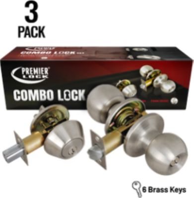 Grip Tight Tools Stainless Steel Entry Lock Set Door Knob & Deadbolt with 18 KW1 Keys, 3 pk., Keyed Alike