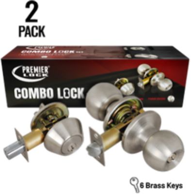 Grip Tight Tools Stainless Steel Entry Lock Set Door Knob & Deadbolt with 12 KW1 Keys, 2 pk., Keyed Alike
