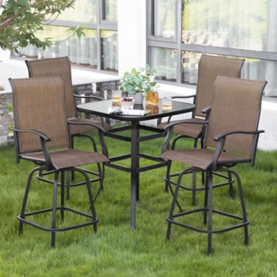 Nuu Garden Outdoor Patio Swivel Sling Bar Stool Set with Glass Table