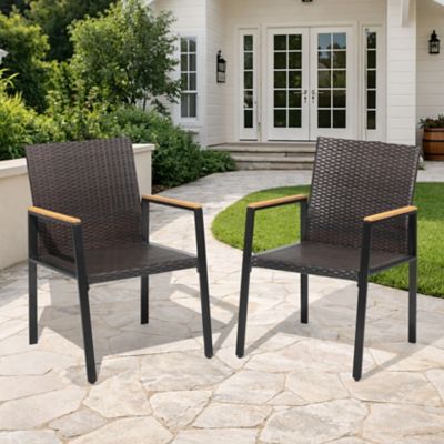 Nuu Garden Wicker Stackable Outdoor Chairs Set of 2, Acacia Wood Armrests