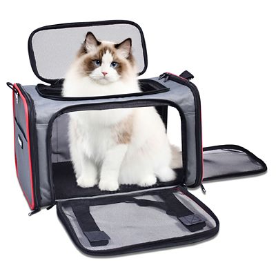 GOOPAWS Soft-Sided Airline-Approved Travel Dog & Cat Carrier, Grey/Red, 17 in.