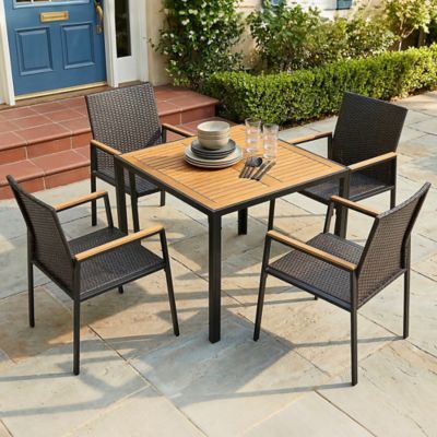 Nuu Garden 5 pc. Acacia Wood Wicker Patio Dining Set with Umbrella Hole