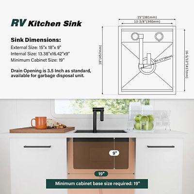 Image showing 1 th WELLFE RV Kitchen Sink, 15 x 18 x 9in. Undermount Bar Sink 16 ga. Stainless Steel Single Bowl Workstation Sink