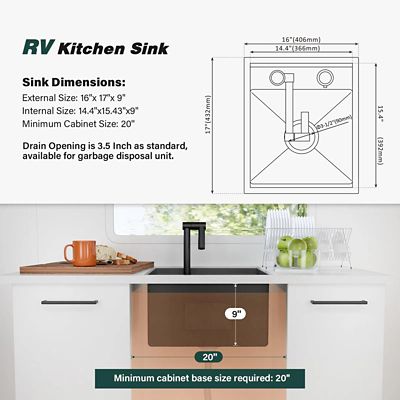 Image showing  RV Kitchen Sink, 16 x 17 x 9in. Undermount Bar Sink 16 Gauge Stainless Steel Single Bowl Workstation Sink