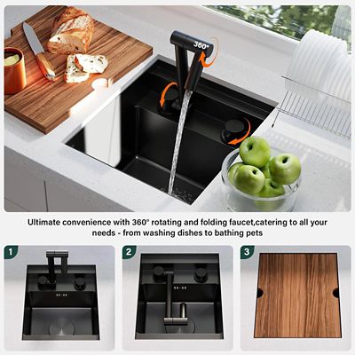 Image showing  RV Kitchen Sink, 16 x 17 x 9in. Undermount Bar Sink 16 Gauge Stainless Steel Single Bowl Workstation Sink