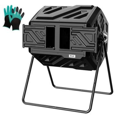 Werph 43 gal. Dual Chamber Compost Tumbler Outdoor Black Heavy Duty 2 Sliding Doors with Gloves