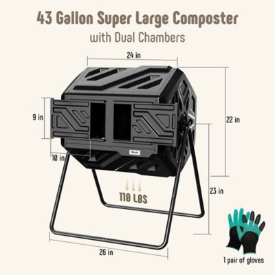 Image showing  43 gal. Dual Chamber Compost Tumbler Outdoor Black Heavy Duty 2 Sliding Doors with Gloves