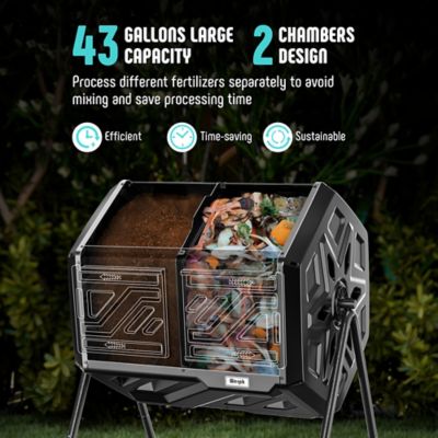 Image showing  43 gal. Dual Chamber Compost Tumbler Outdoor Black Heavy Duty 2 Sliding Doors with Gloves