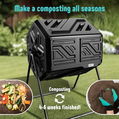 Image showing 5 th Werph 43 gal. Dual Chamber Compost Tumbler Outdoor Black Heavy Duty 2 Sliding Doors with Gloves