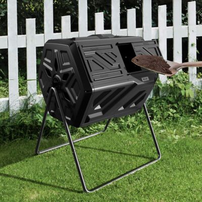 Image showing 7 th Werph 43 gal. Dual Chamber Compost Tumbler Outdoor Black Heavy Duty 2 Sliding Doors with Gloves