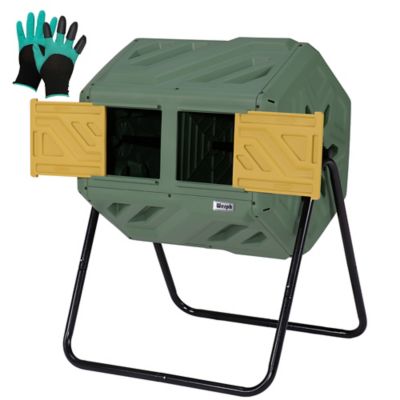 Werph Updated 43 gal. Dual Chamber Compost Tumbler Outdoor Green Fast Assembly With Gloves