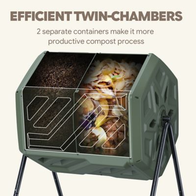 Image showing Werph Updated 43 gal. Dual Chamber Compost Tumbler Outdoor Green Fast Assembly With Gloves