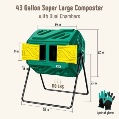 Image showing  43 gal. Dual Chamber Compost Tumbler Outdoor Green Heavy Duty 2 Sliding Doors with Gloves