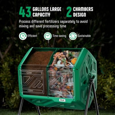 Image showing  43 gal. Dual Chamber Compost Tumbler Outdoor Green Heavy Duty 2 Sliding Doors with Gloves