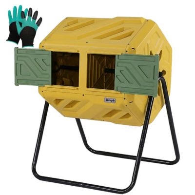 Werph Updated 43 gal. Dual Chamber Compost Tumbler Outdoor Yellow Fast Assembly With Gloves