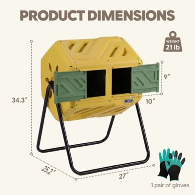 Image showing  Updated 43 gal. Dual Chamber Compost Tumbler Outdoor Yellow Fast Assembly With Gloves