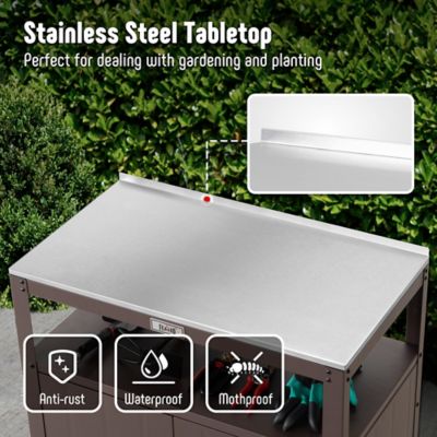 Image showing  Garden Potting Bench Brown W/ Storage Cabinet Stainless Steel Tabletop Outdoor