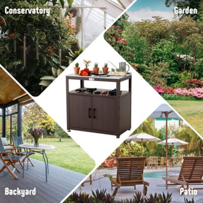 Image showing  Garden Potting Bench Brown W/ Storage Cabinet Stainless Steel Tabletop Outdoor