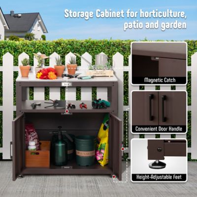 Image showing  Garden Potting Bench Brown W/ Storage Cabinet Stainless Steel Tabletop Outdoor